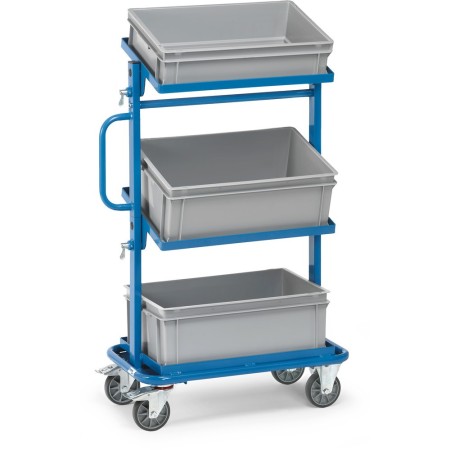 Carrello ausiliario Fetra con 3 cassette in plastica e piani di carico inclinabili