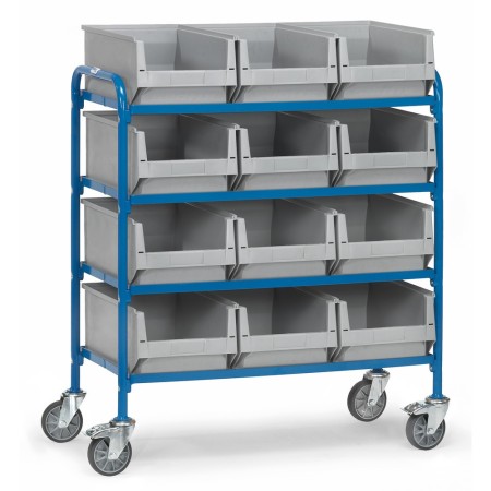 Fetra Beistellwagen mit 3x4 Kunststoff-Sichtlagerkästen, Ladefläche 940 x 470 mm