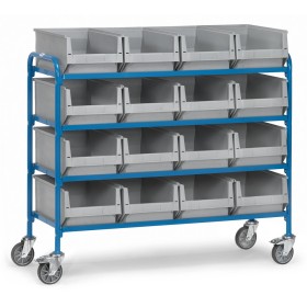 Fetra Beistellwagen mit 4x4 Kunststoff-Sichtlagerkästen, Ladefläche 1250 x 470 mm