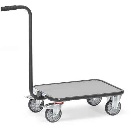 Carrello con maniglia Fetra a 4 ruote, piattaforma in legno, edizione grigia