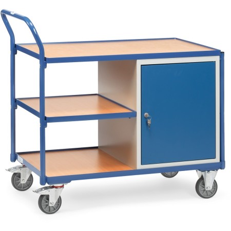 Chariot de table Fetra avec 1 armoire et 3 plateaux de chargement, rebord périphérique