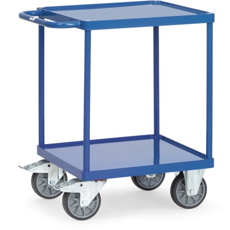 Chariot de table Fetra, plateau de chargement carré, avec 2 bacs en tôle d'acier avec rebord de 10 mm
