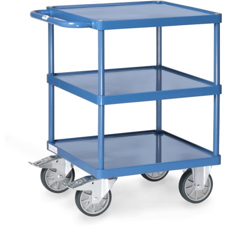 Chariot de table Fetra, plateforme carrée, avec 3 bacs en tôle d'acier avec rebord de 10 mm