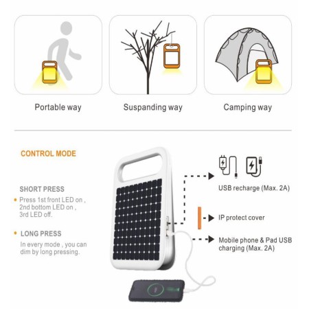 XXLED Projecteur LED solaire portable - 4W - Batterie externe rechargeable par USB