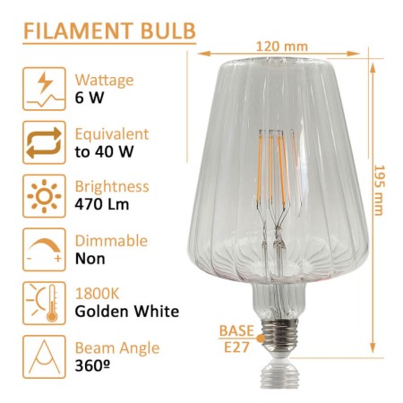 XXLED Ampoule LED à filament -CONIC- Décorative 6W E27 - Ambre - GRAND Ø120mm