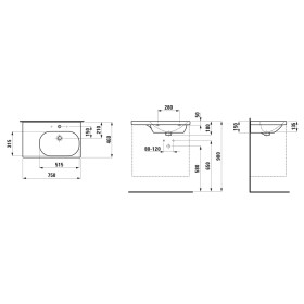 Lavabo LAUFEN LUA 75 x 46 cm, asimmetrico con vasca a destra, con foro per rubinetto, con troppopieno