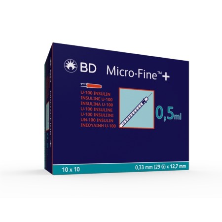 BD Micro-Fine+ U100 Insulinspritze, 29G 0.33x12.7mm 100 x 0.5ml 100stk