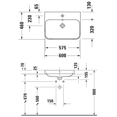 Vasque à poser Duravit Happy D.2 Plus 60 cm blanc, avec trop-plein, 1 trou de robinet