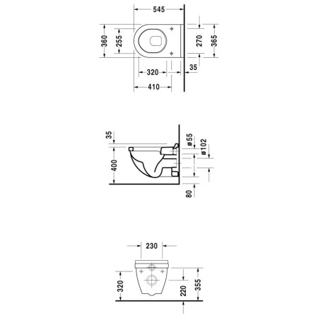 Duravit Starck 3 WC sospeso a scarico a parete, distanza di fissaggio 23 cm