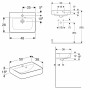Lavabo Geberit Renova Plan 50 cm avec trou de robinet au milieu, trop-plein asymétrique - vue technique