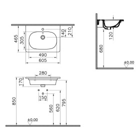 VitrA Zentrum Möbelwaschtisch 60,5 cm, mit Überlaufloch, 1 Hahnloch mittig