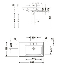 Duravit D-Neo Möbelwaschtisch 80 cm asymmetrisch, ohne Hahnloch, mit Überlauf, Ablage links
