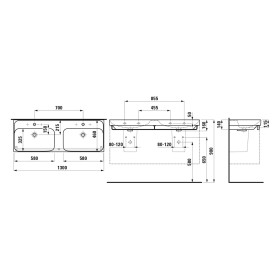 Doppio lavabo LAUFEN MEDA 130 x 46 cm, con 3 fori per rubinetto e troppopieno