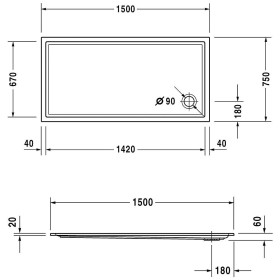 Receveur de douche rectangulaire Duravit Starck Slimline 150 x 75 cm avec Antidérapant
