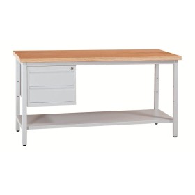 Wolfstahl Werkbank stahl mit 2 Schubladen 160x60x84cm lichtgrau Tischplatte 30mm buche