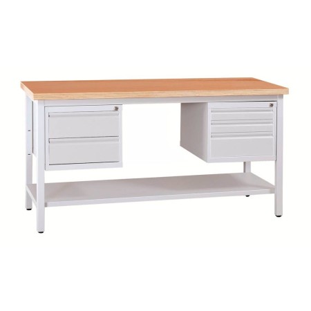 Wolfstahl Werkbank stahl mit 5 Schubladen 160x60x84cm lichtgrau Tischplatte 30mm buche