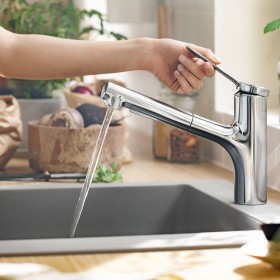 Rubinetto monocomando per cucina hansgrohe Zesis M33 150, Eco, con doccetta estraibile, 2 tipi di getto