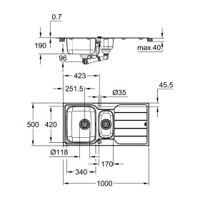 GROHE K500 Edelstahl-Einbauspüle 100 x 50 cm mit 1,5 Becken und Abtropffläche, reversible