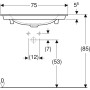 Geberit ONE Möbelwaschtisch 75 cm, Abgang vertikal, ohne Hahnloch, ohne Überlauf - technische Ansicht