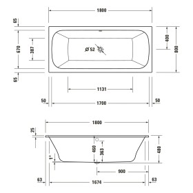Baignoire rectangulaire à système Combi Duravit Qatego 180 x 80 cm, version encastrée