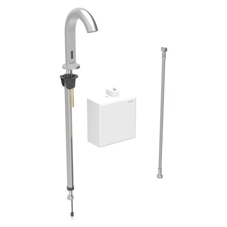 Robinet de lavabo sur pied Geberit Piave, alimenté par batterie, avec boîtier de fonction AP