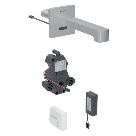 Robinet de lavabo mural Geberit Brenta, alimenté par batterie, pour boîte de fonction UP