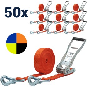 Zurrpack 50x stk. Zurrgurt 5000kg 2-teilig 50mm – 8 m mit Langarm-Druckratsche und Sicherungszurrhaken